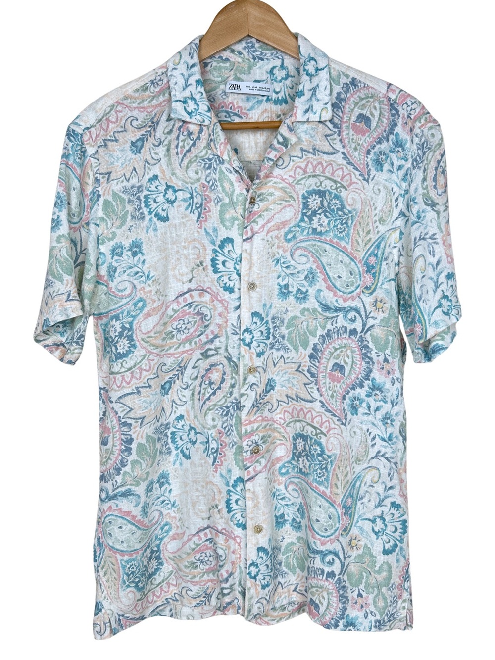 Zara Paisley Linen Blend Short Sleeve Shirt Relaxed Fit - L - Cream, Blue, Pink